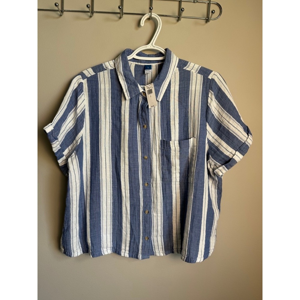 Old Navy‎ Short Sleeve Demi Shirt Blue Stripe Large Coastal Nautical Preppy New